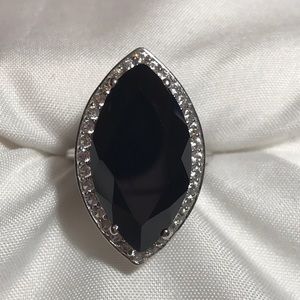Marquis cut Black Spinel w Zircons Ring
